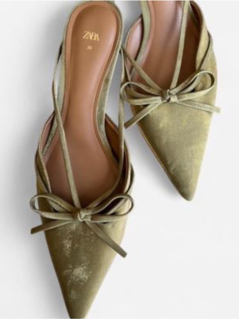 ZARA Olive Green Pointed Toe Bow kittenheel mules 40